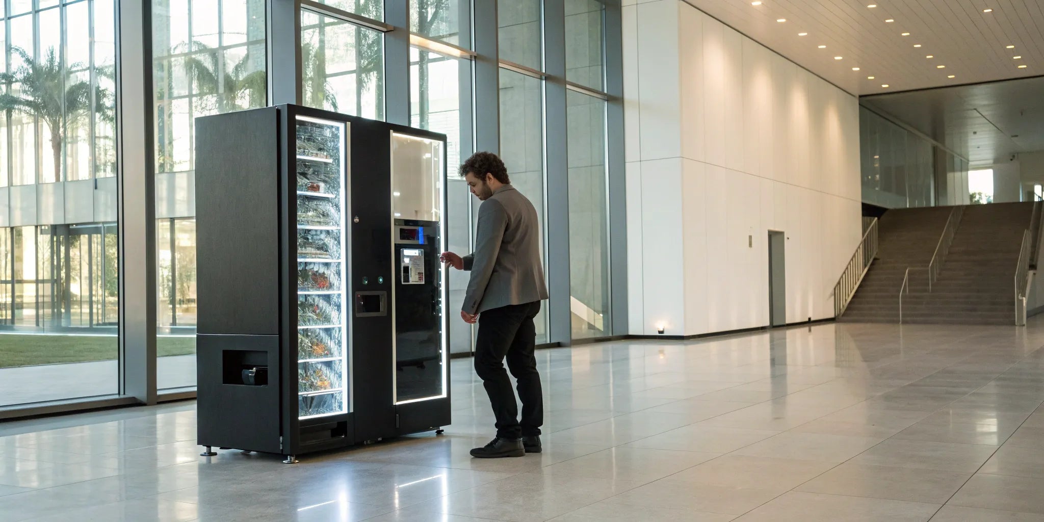 Customer making a purchase at a smart retail vending machine.