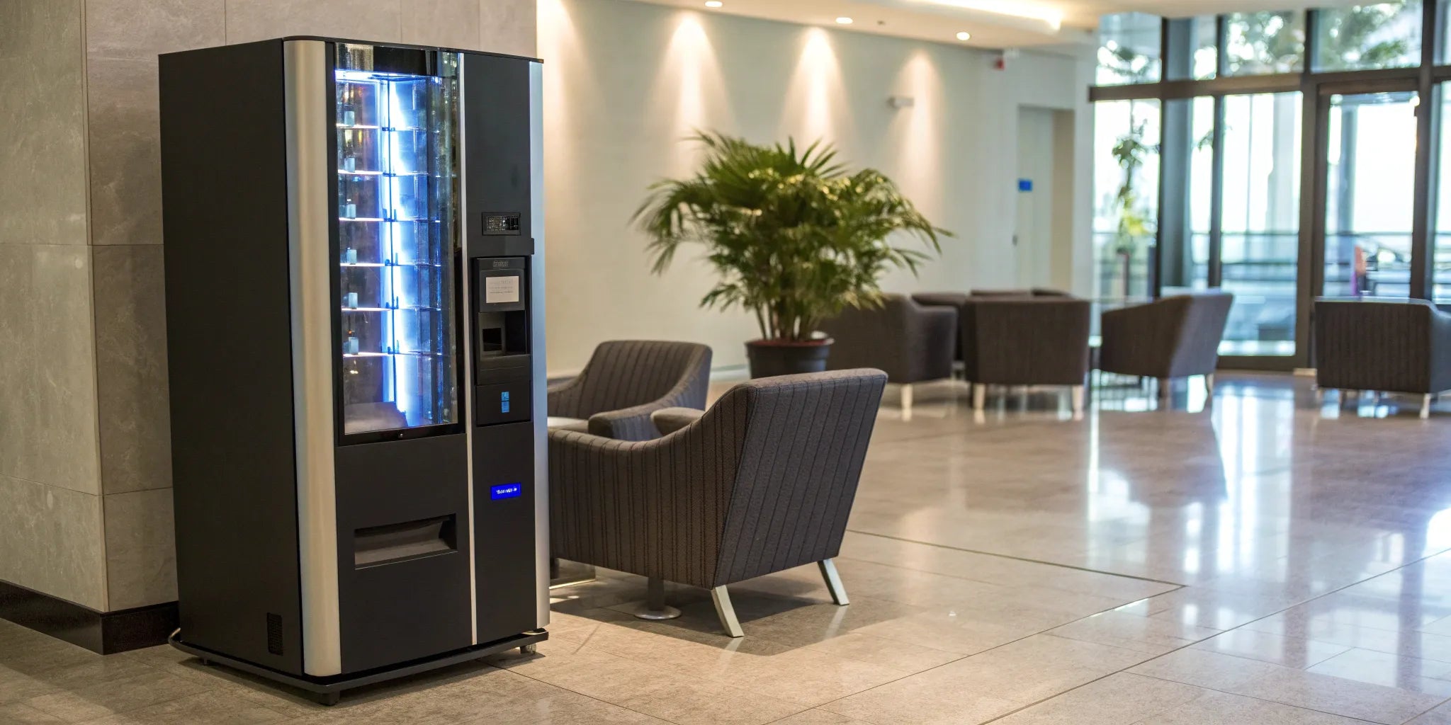 Smart vending machine for sale in a modern office lobby with a digital payment system.
