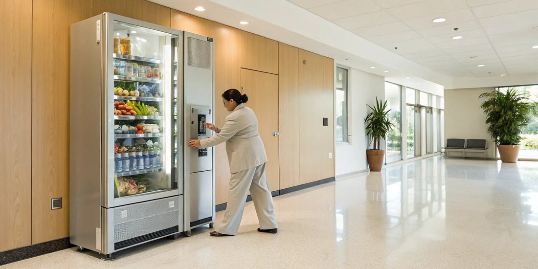 A smart hospital vending machine offering healthy snacks and drinks.