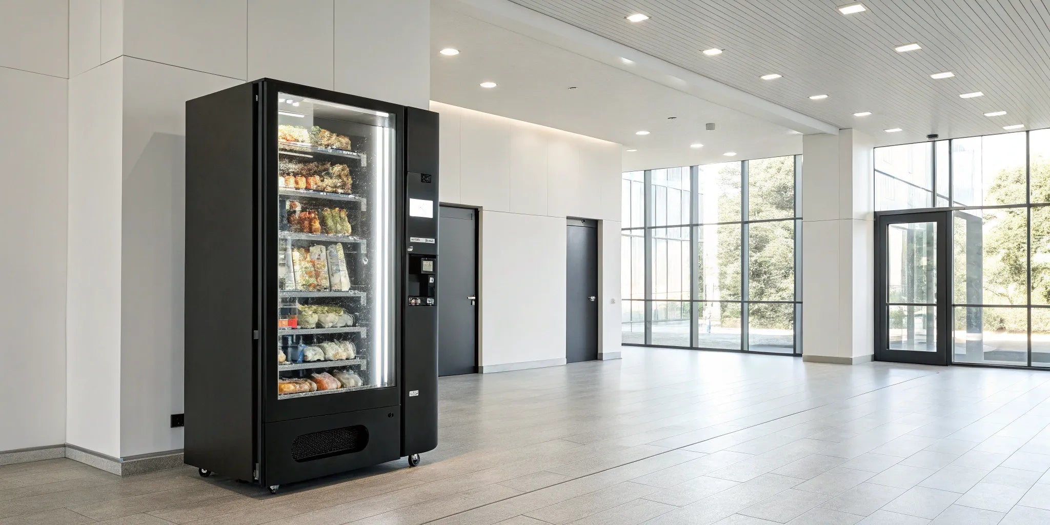 Smart combo vending machine with snacks and drinks in a modern office lobby.