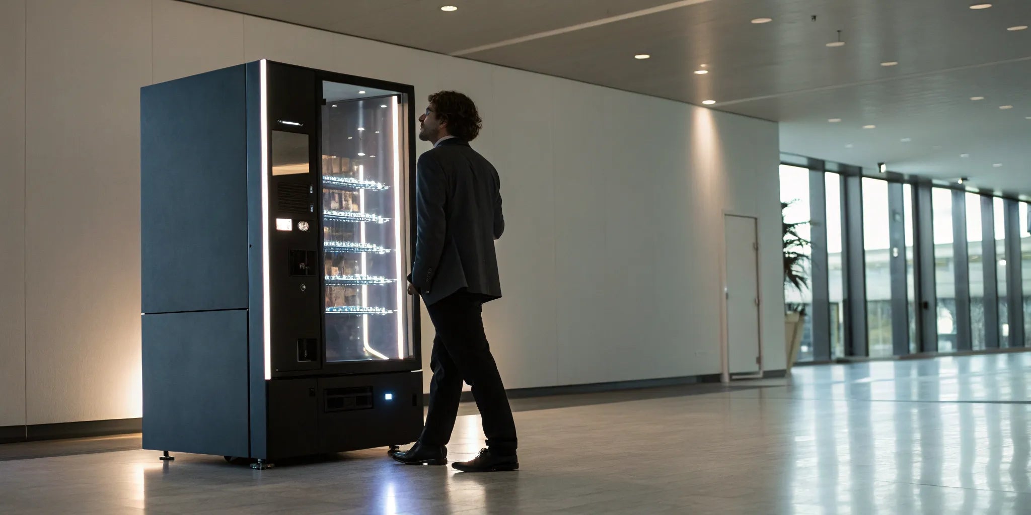 A modern vending machine for sell being used by a customer in an office.