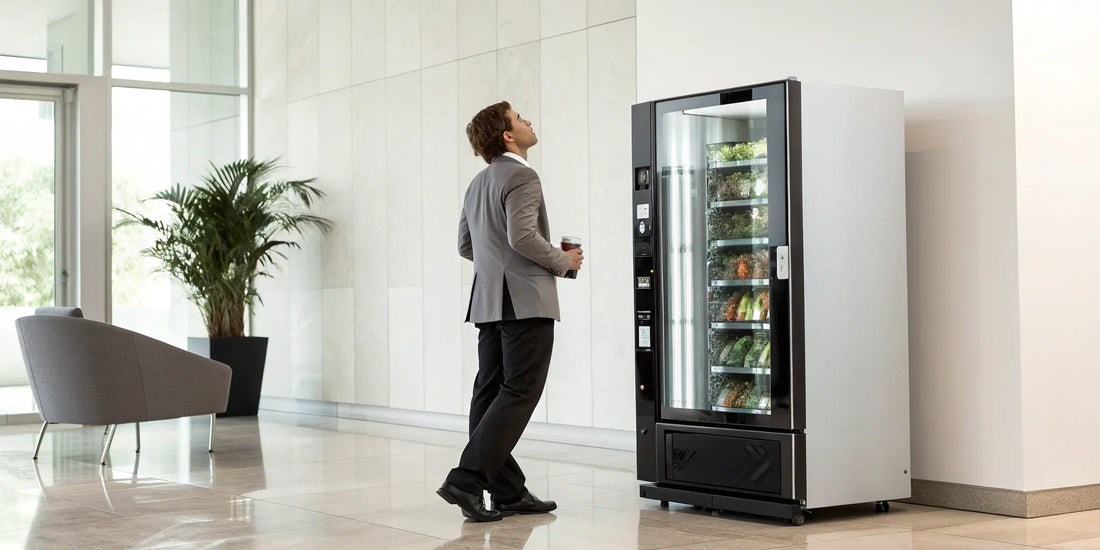 A person uses a smartphone to make a purchase from a touchless vending machine.