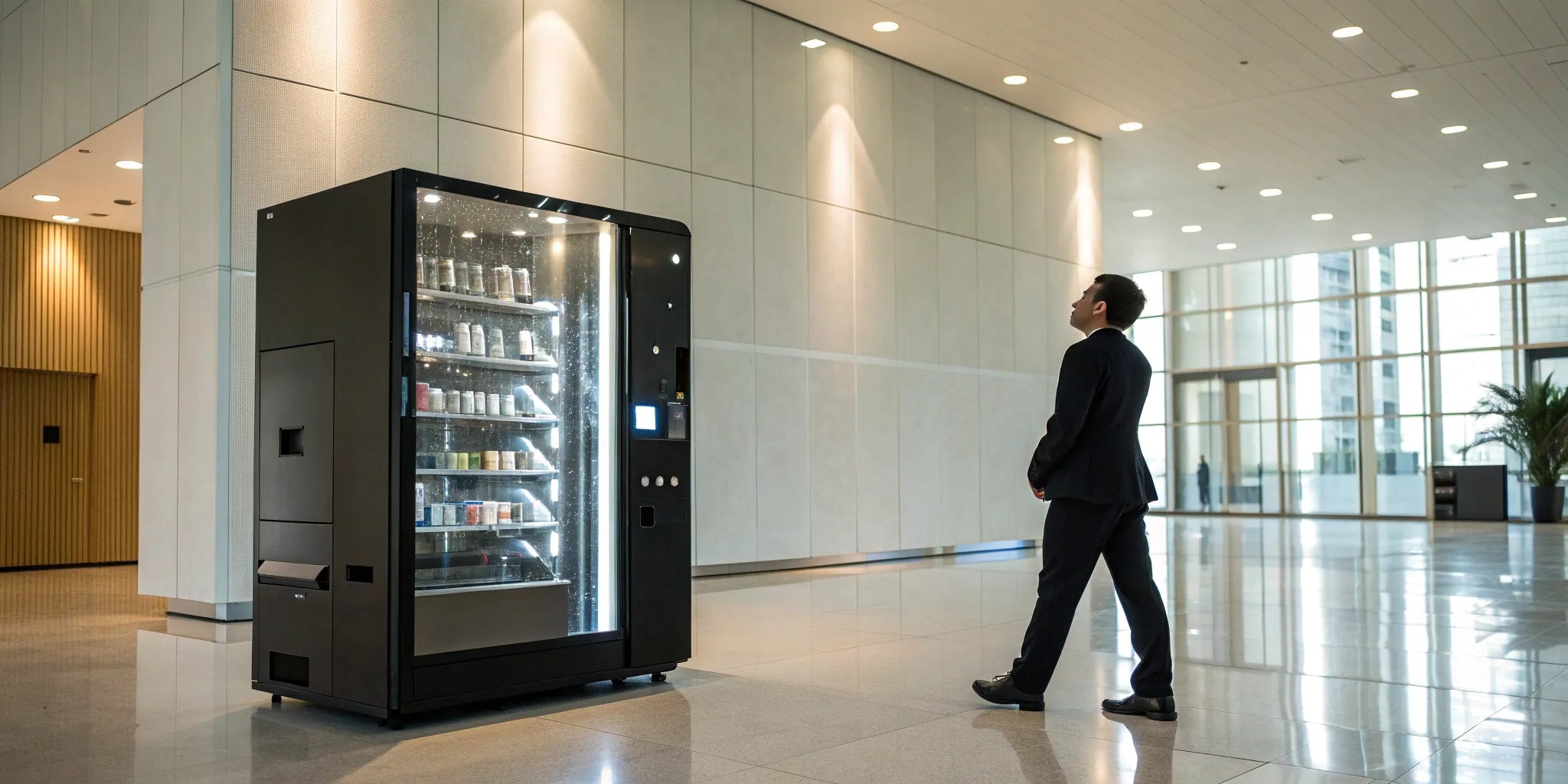 A modern electronics vending machine stocked with tech products in a business lobby.
