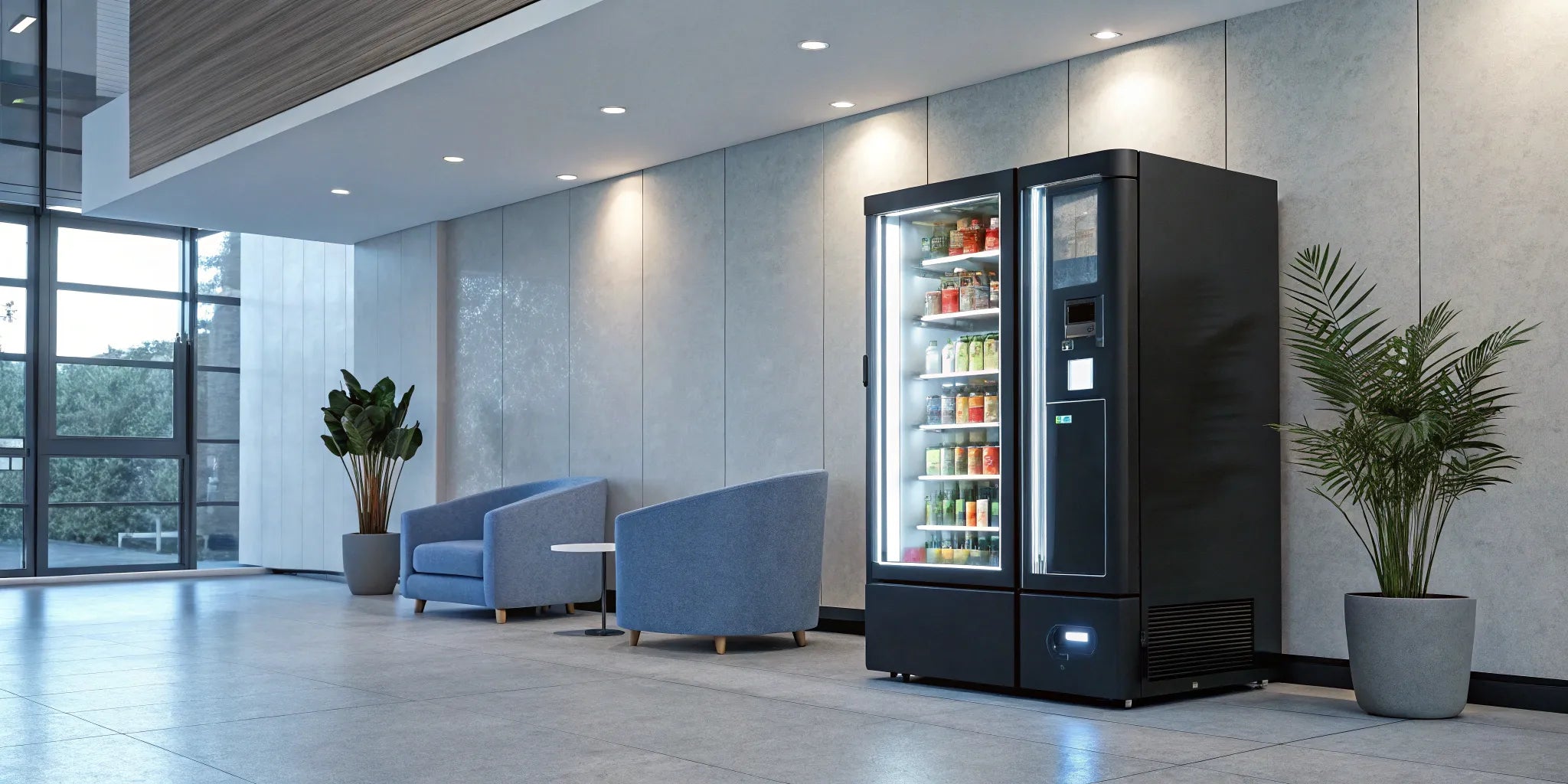 Smart automated vending machine with snacks and drinks in a modern office.