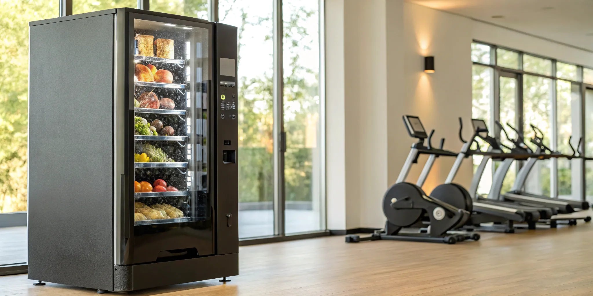 Gym vending machine offering pre-workout snacks and hydration options for members.