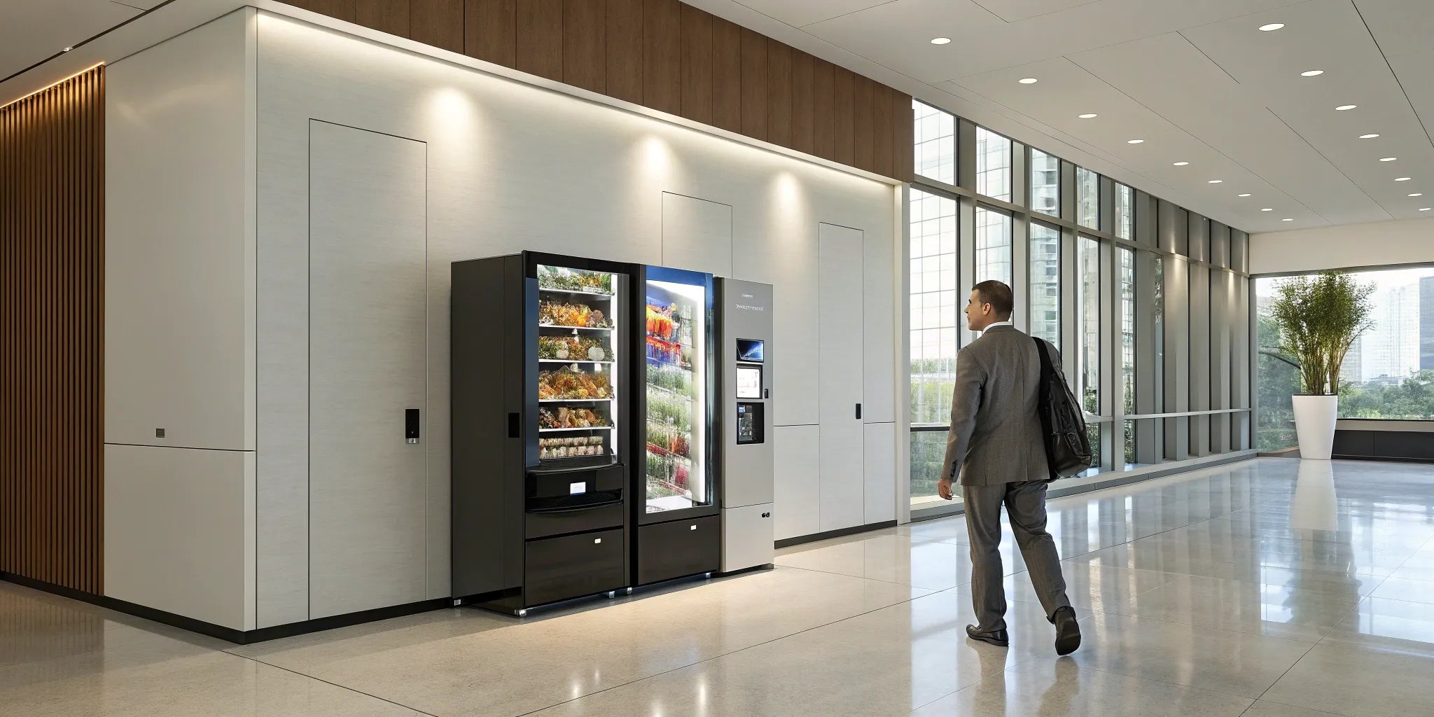 A modern micro market kiosk being used by a professional in a business office.