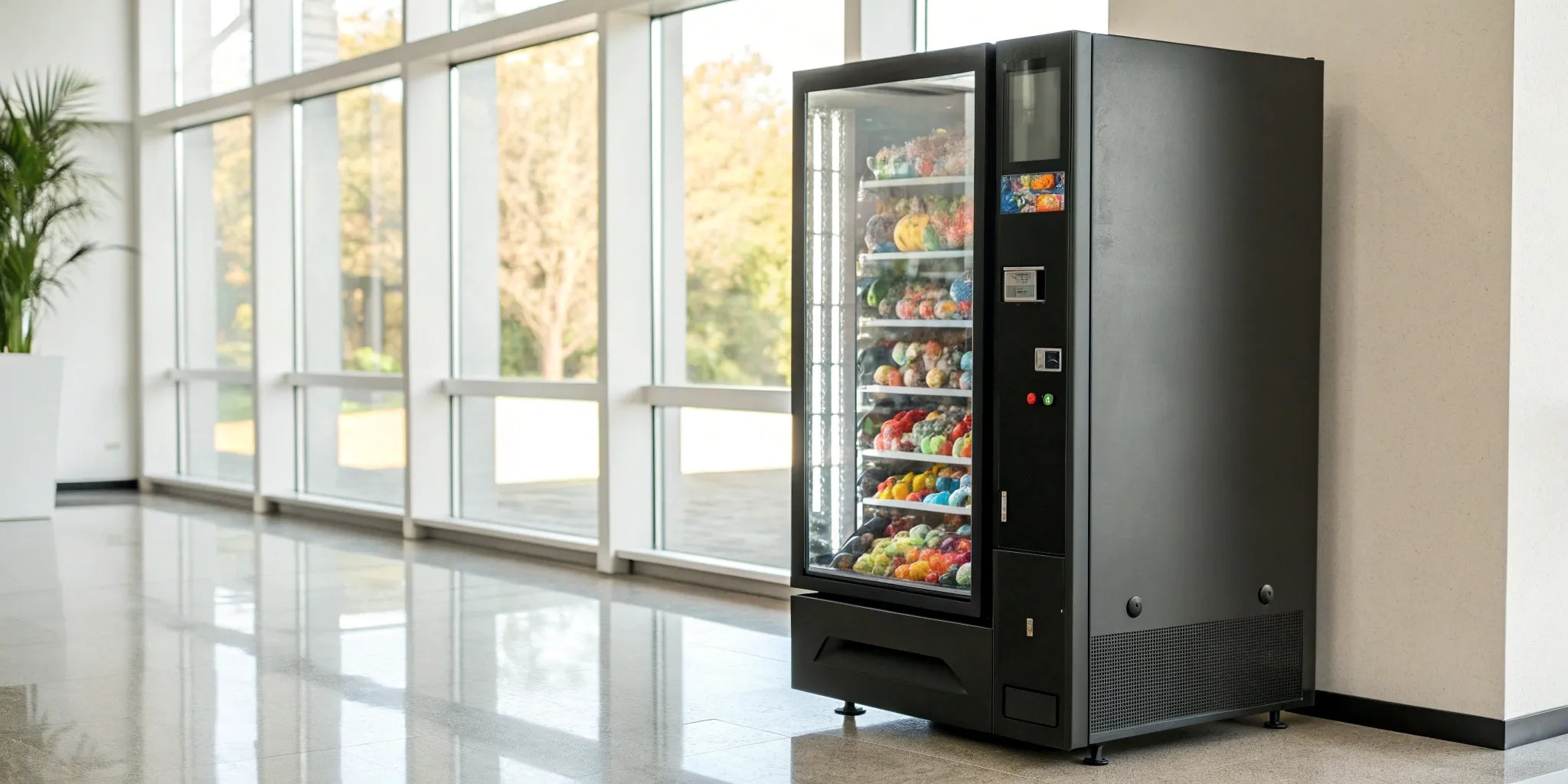Modern toy vending machine filled with colorful prize capsules.