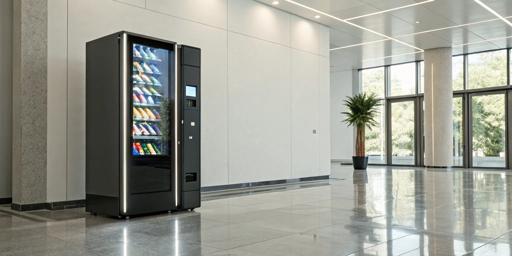 A modern touch screen vending machine displaying a digital menu of snacks and drinks.