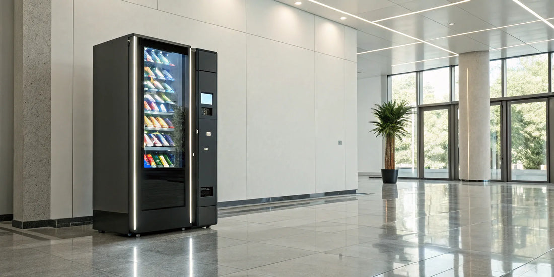 A modern touch screen vending machine displaying a digital menu of snacks and drinks.