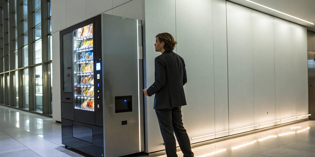 A person checks the price of an item on a modern touch screen vending machine.