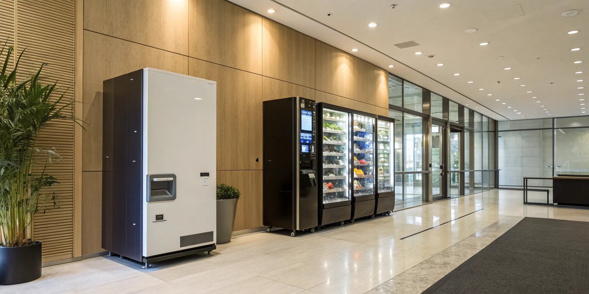 Unattended retail solutions featuring smart vending machines and coolers in a modern office.