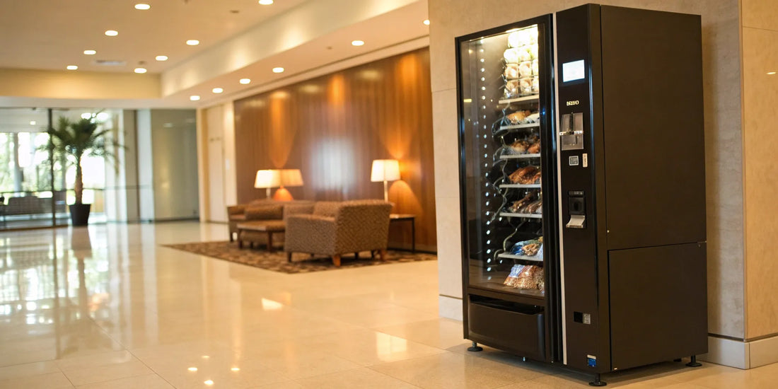A modern vending machine in a lobby, a key asset for a vending business for sale.