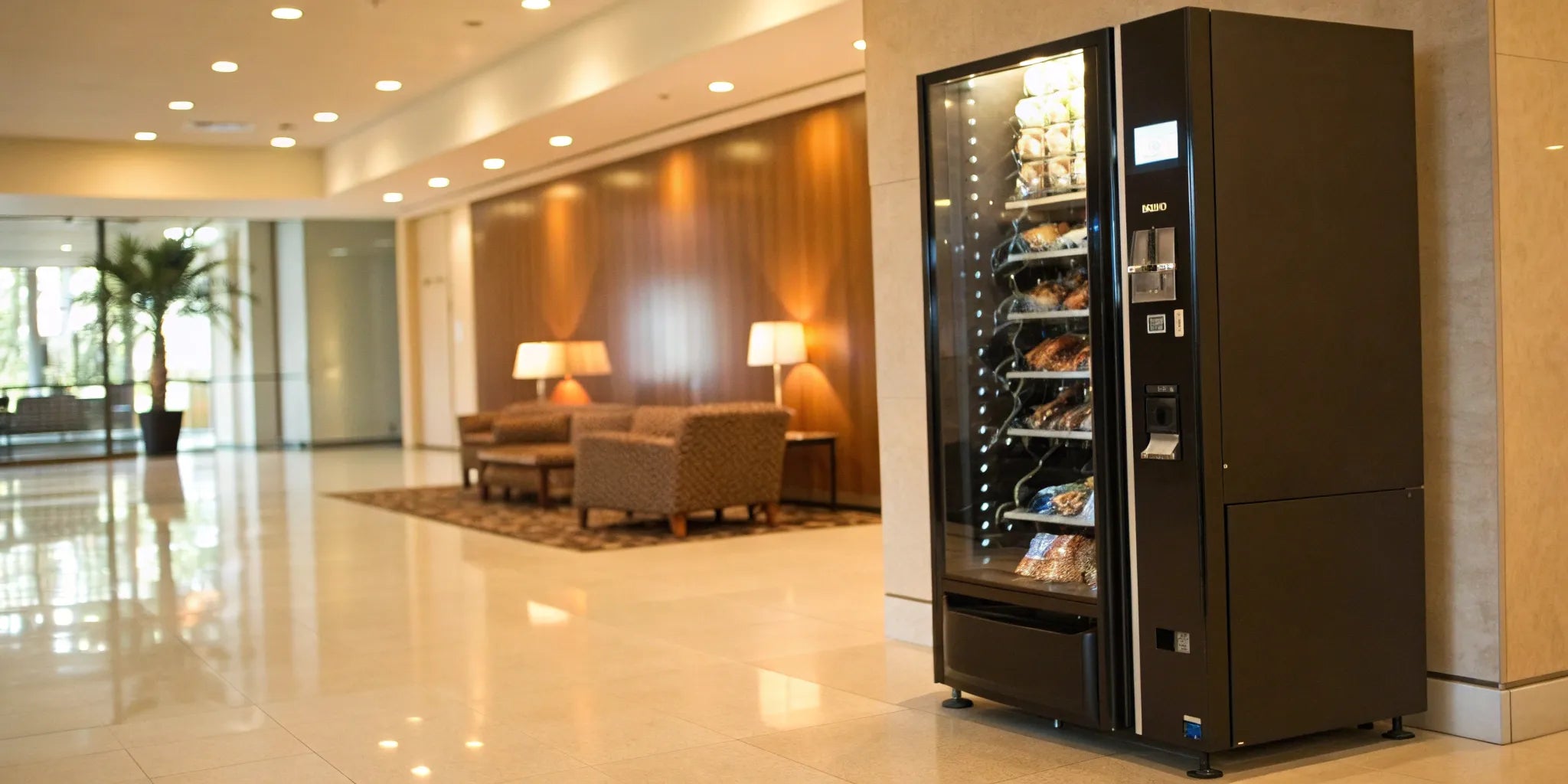 A modern vending machine in a lobby, a key asset for a vending business for sale.