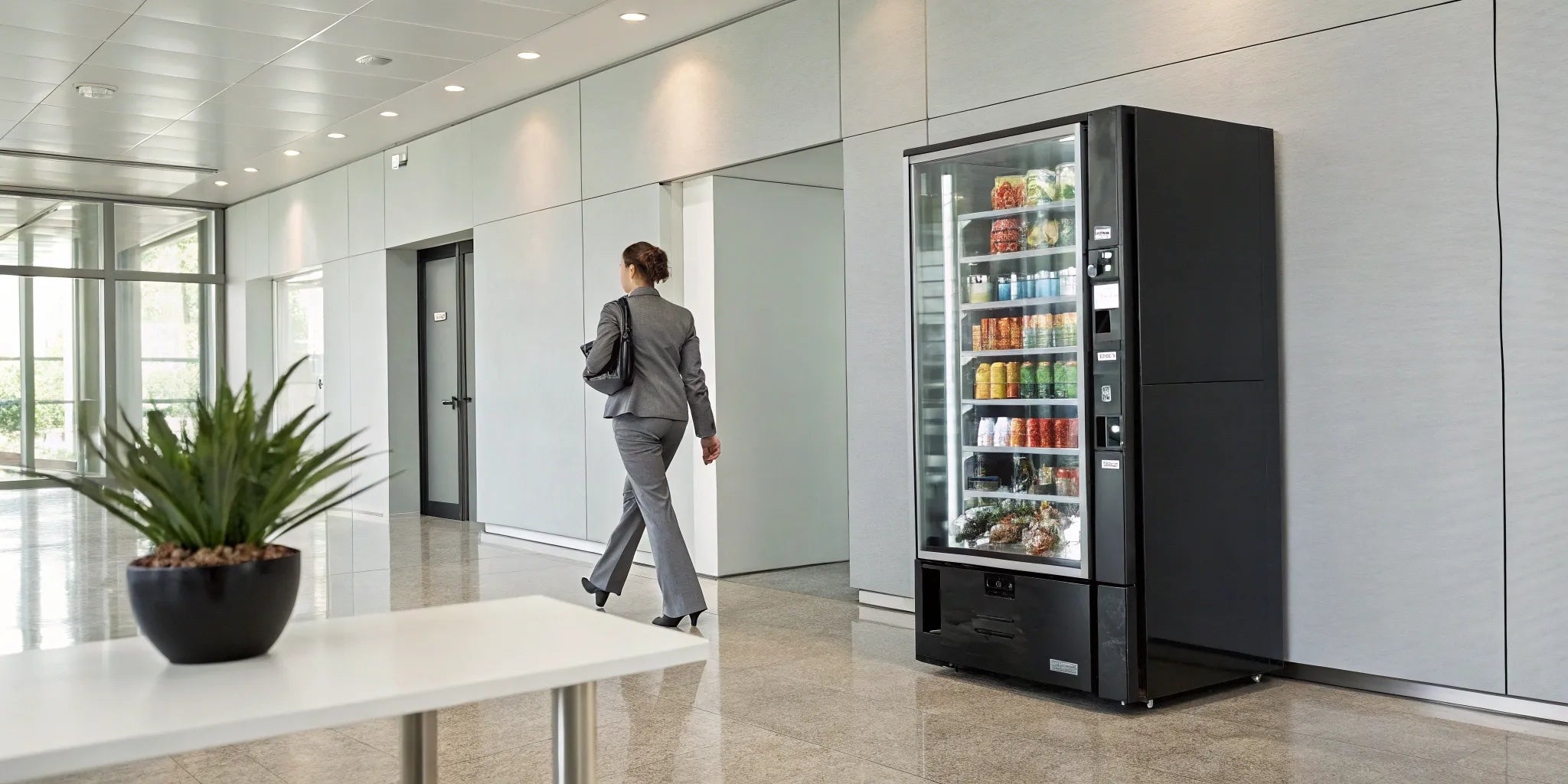 A modern vending machine representing a best buy for a business, featuring a digital screen and popular snacks.