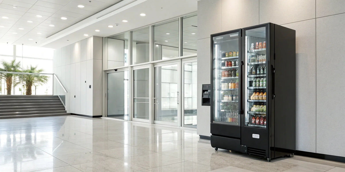 Modern vending machine stocked with various snacks and drinks.