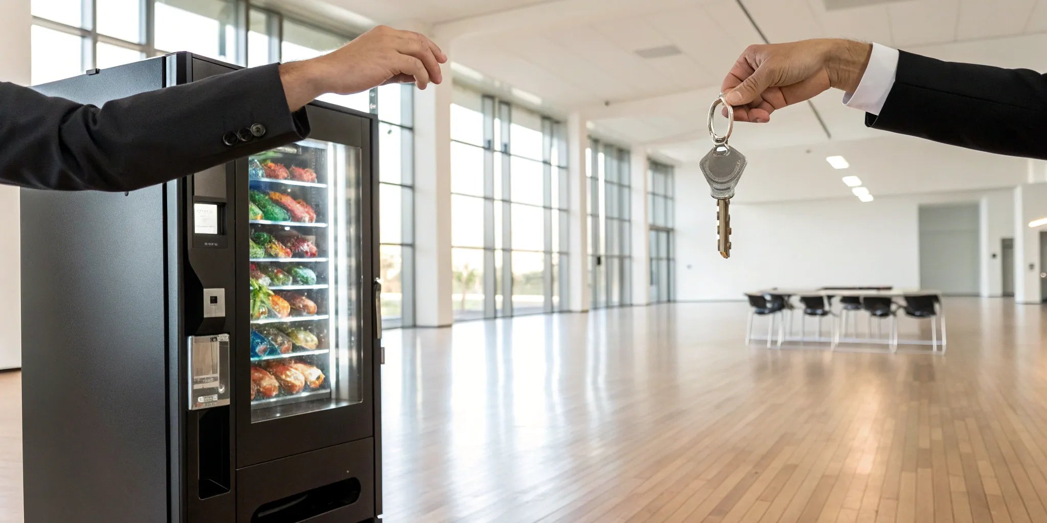 A business owner accepts keys for a newly leased vending machine.