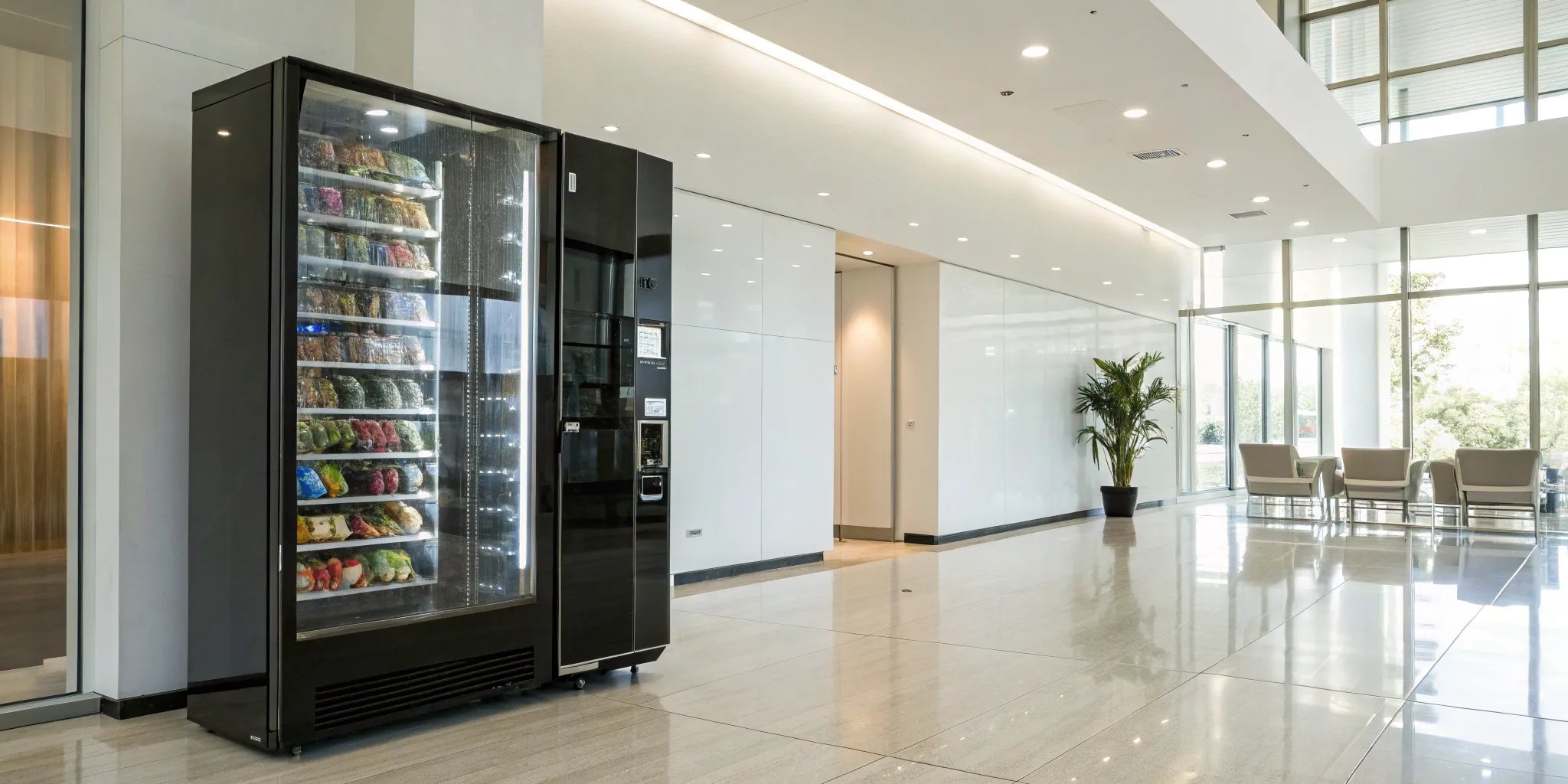 A smart vending machine displaying its snack selection and price information.