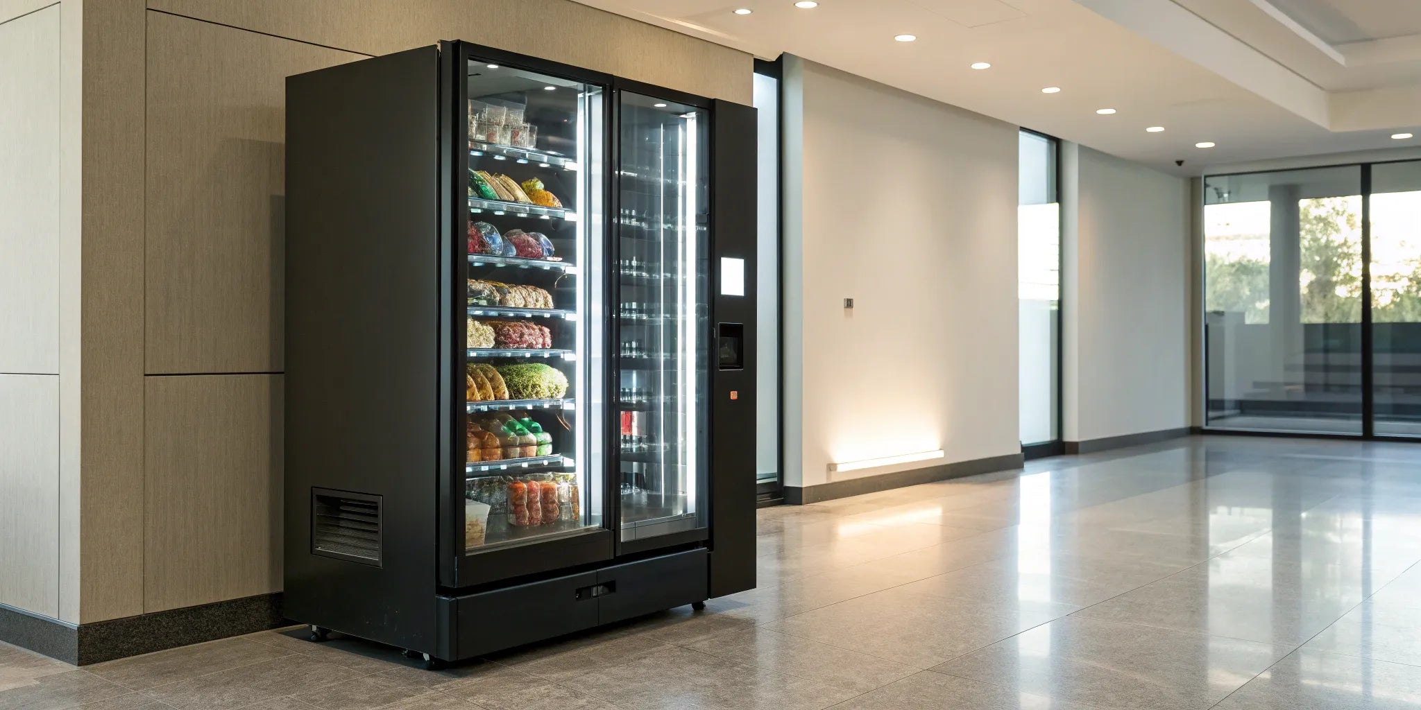 A modern vending machine with a credit card reader, a key factor in vending machine prices.