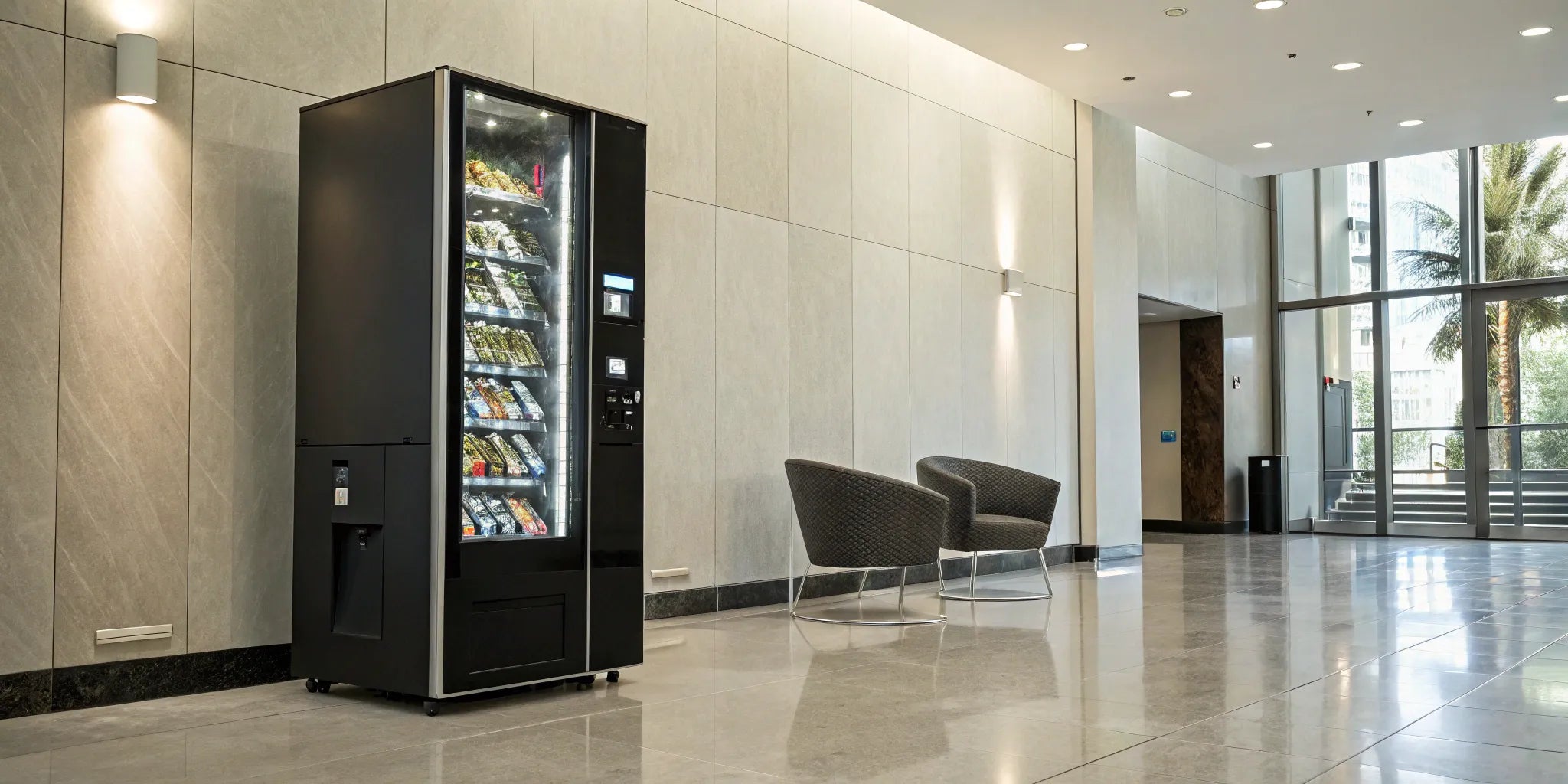 A smart touch screen vending machine stocked with various snacks and drinks.