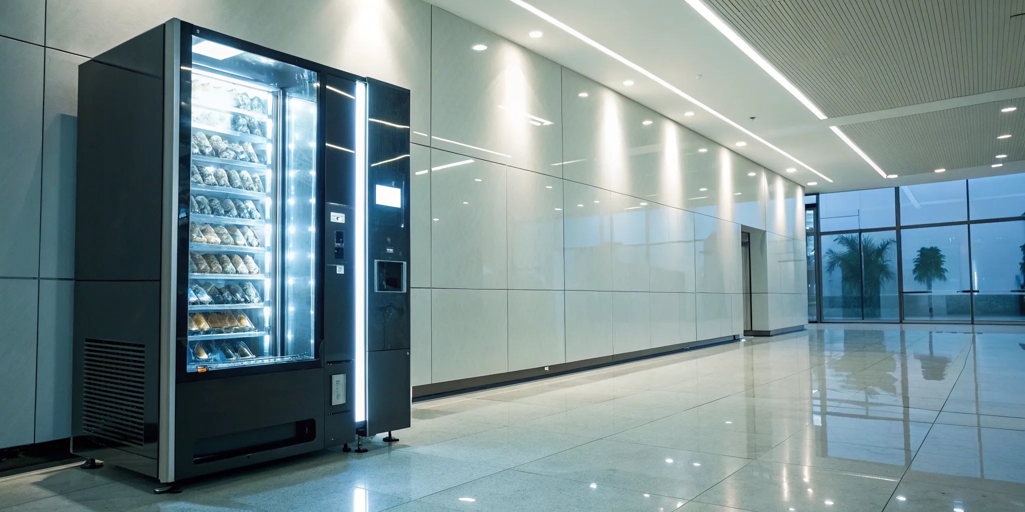 AI vending machine in a modern building lobby with smart shelves and a digital interface.