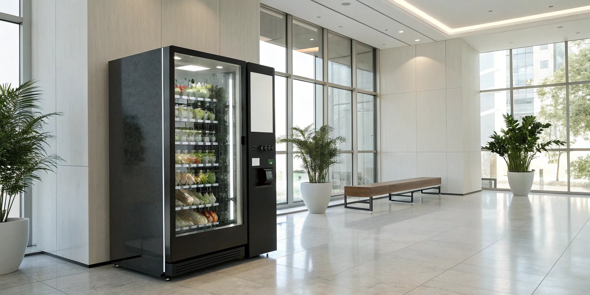A smart vending cooler stocked with fresh food and drinks in an office breakroom.