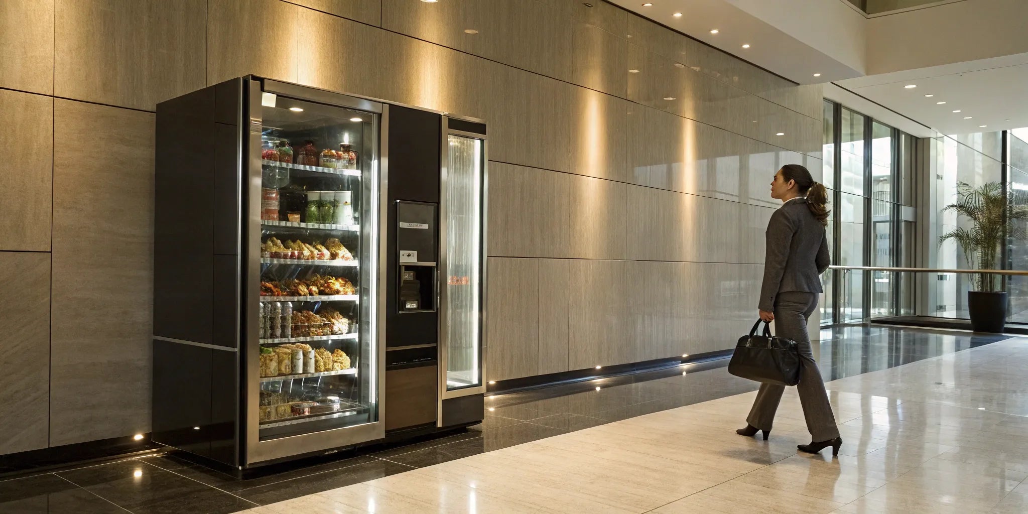 A woman considers a modern vending machine, a key step in the process of where to buy a vending machine.