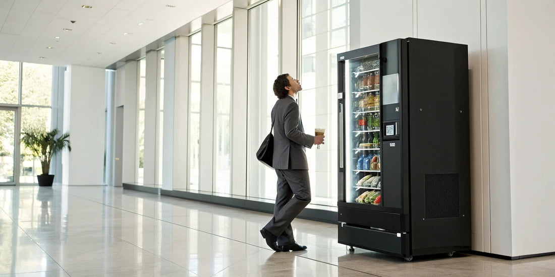 A person considers where to buy a modern vending machine for an office location.