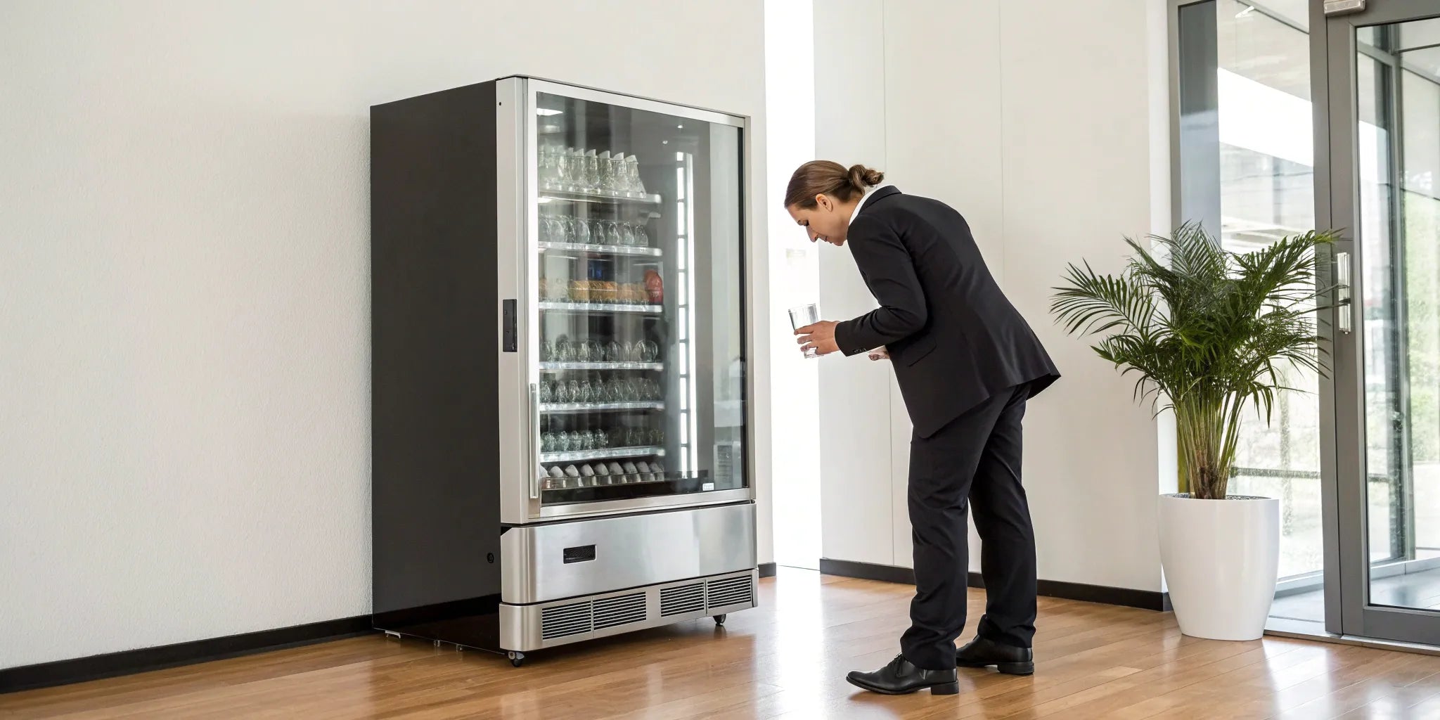 A professional buying a drink from a smart vending machine in a modern office.