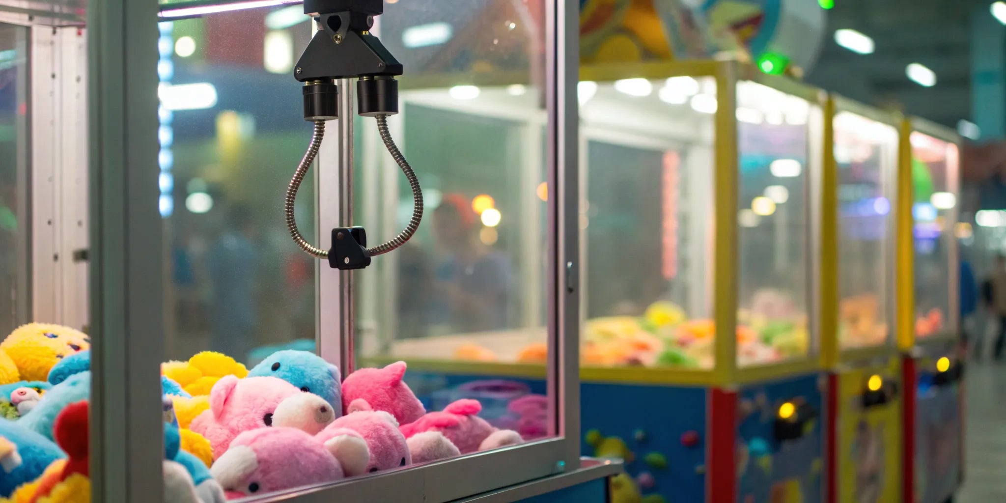 A standard arcade claw machine for sale, filled with colorful plush prizes.