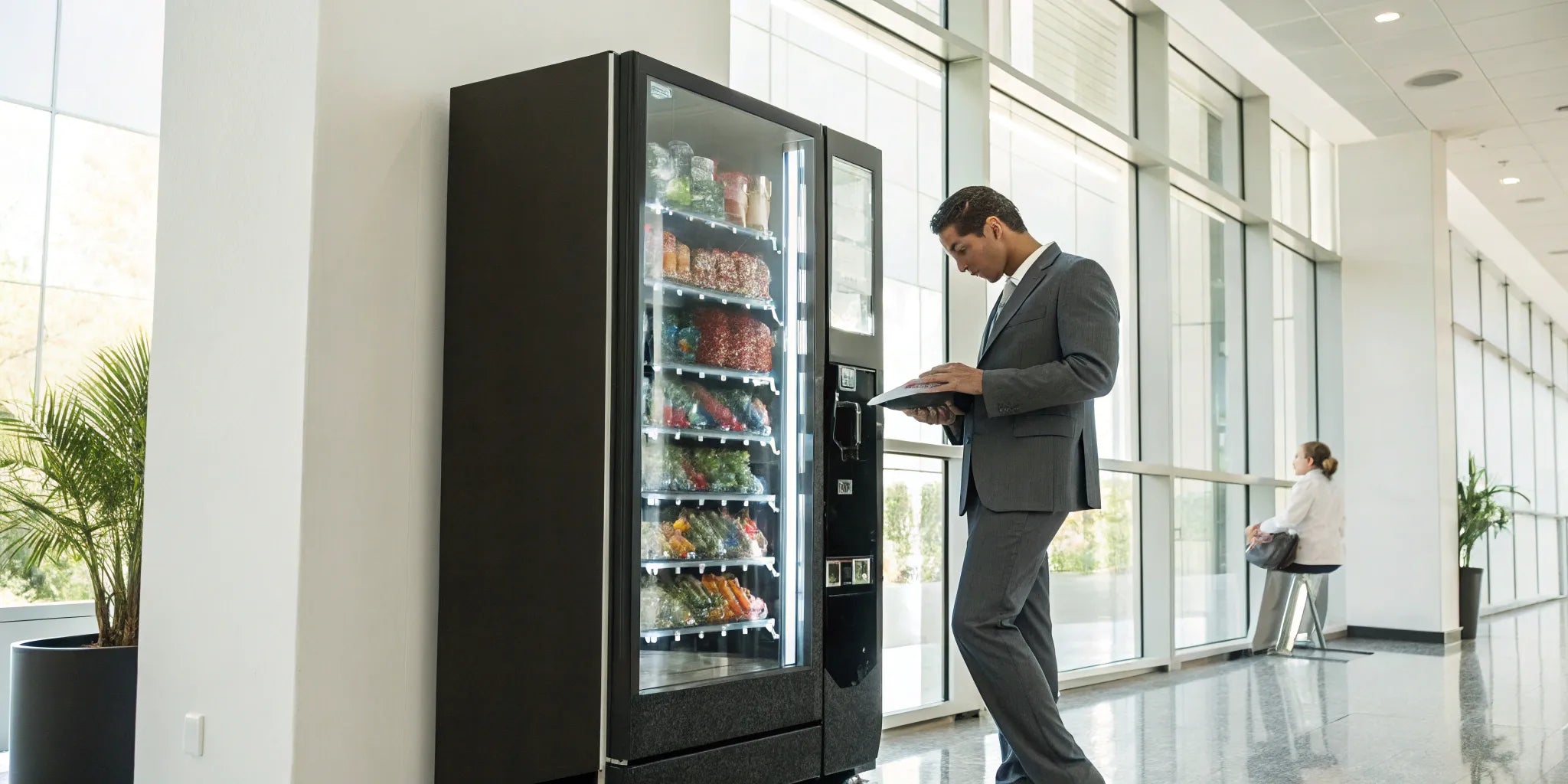 A man selects a snack from a modern wholesale vending machine in an office.