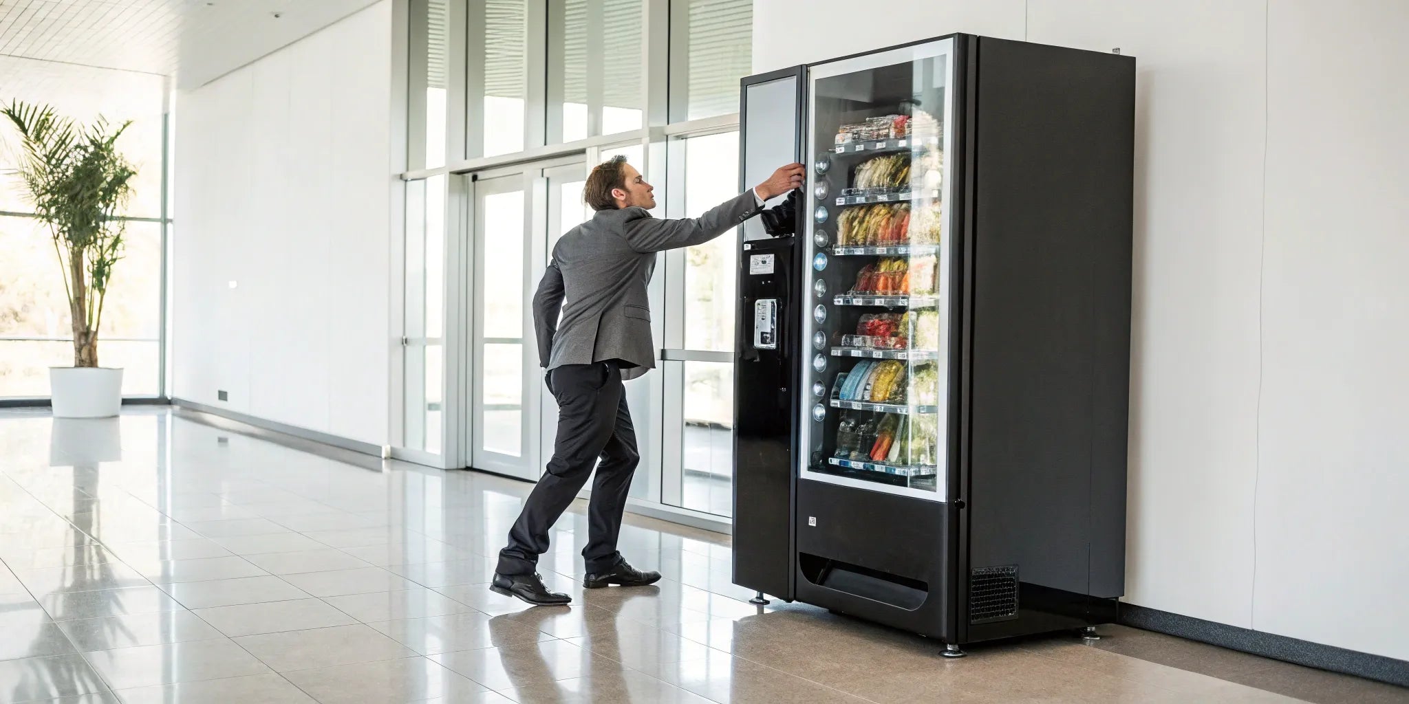 A man making a smart choice to buy a snack from a vending machine.