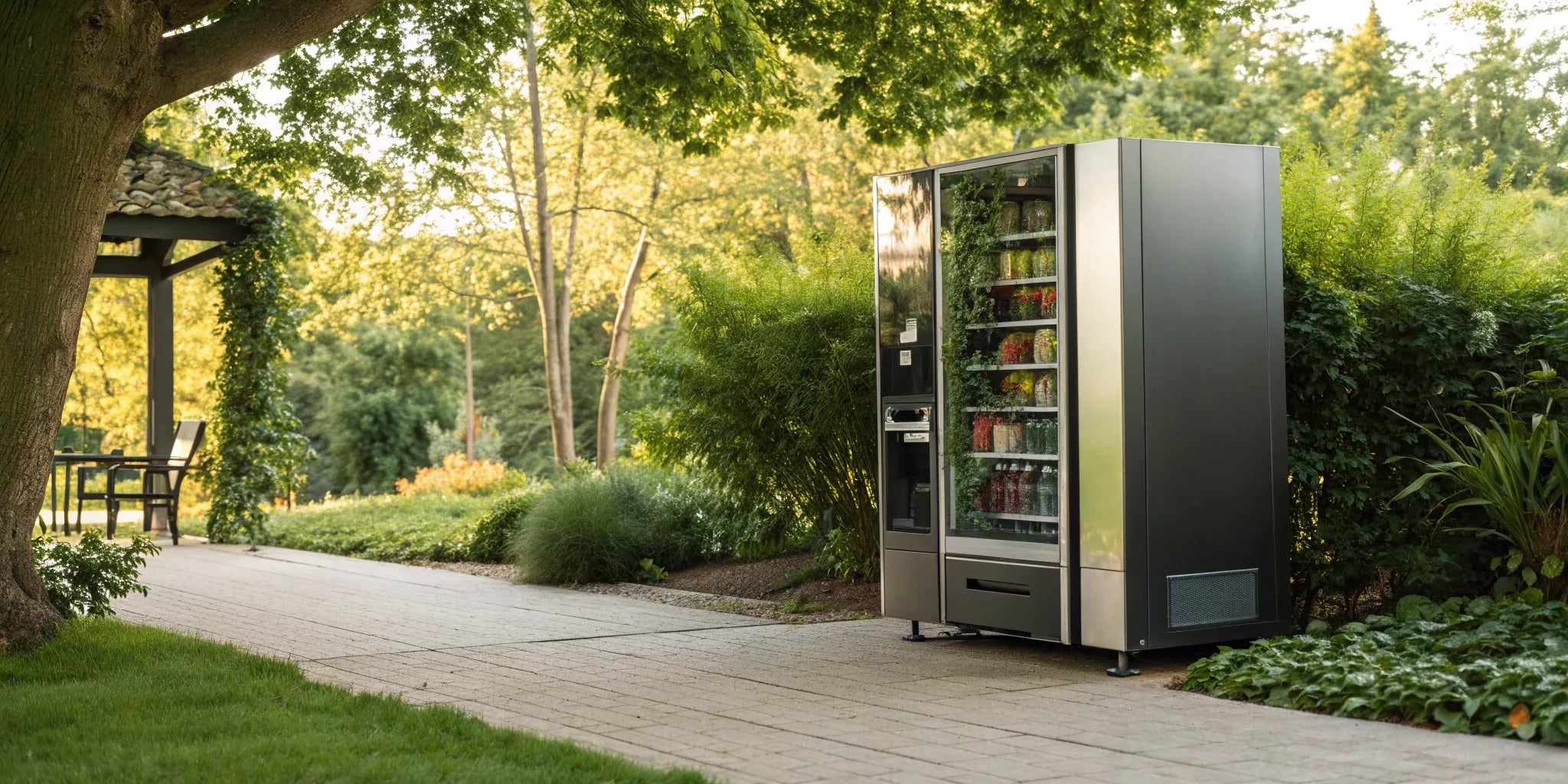 An outdoor vending machine in a strategic park location to maximize profit.