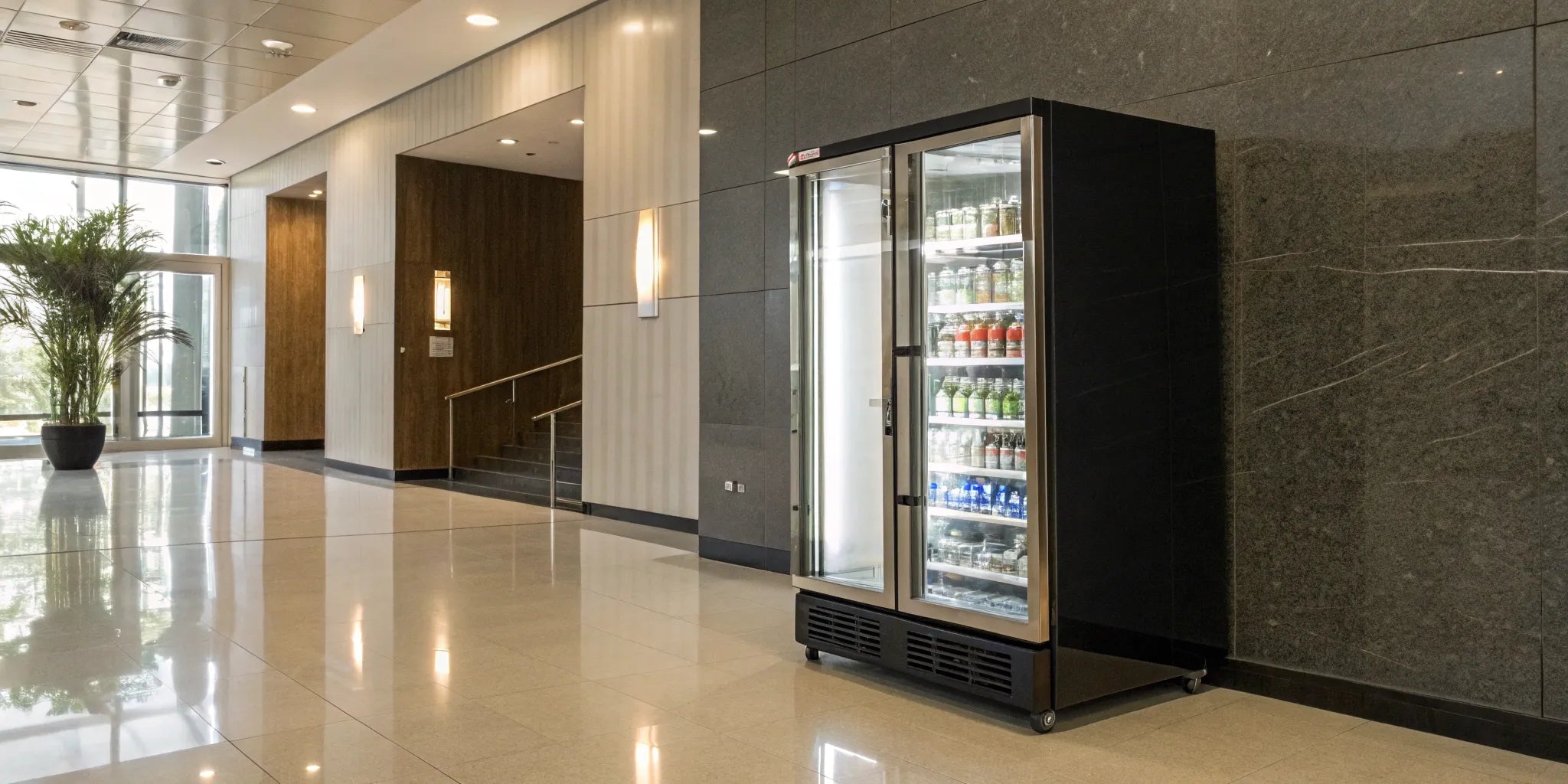 A modern refrigerated vending machine with a selection of cold drinks and snacks.