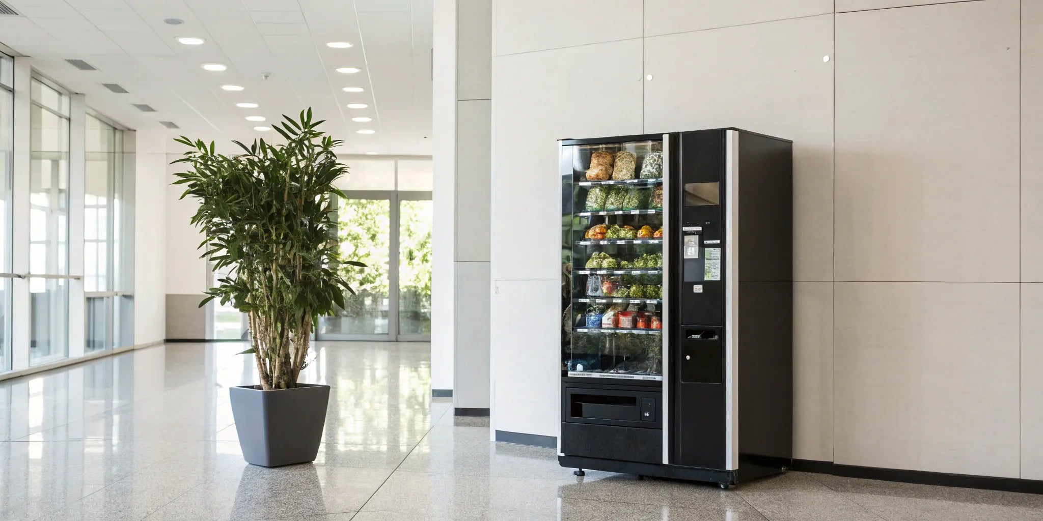 A sleek vending machine in a business lobby, purchased with equipment financing.