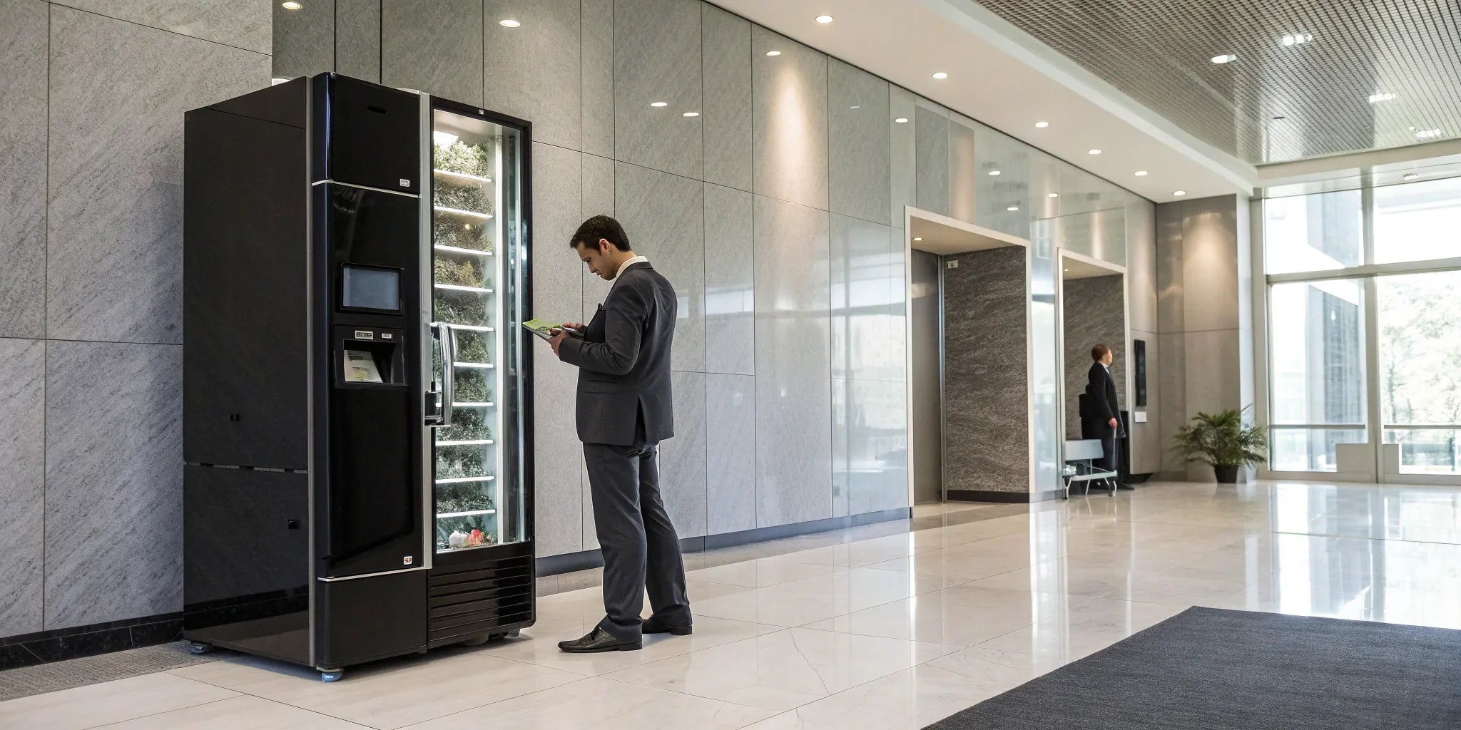 Man using a cashless payment to buy from a smart vending machine.