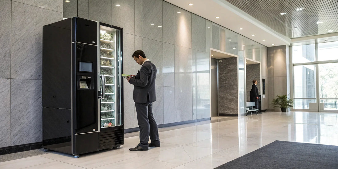 Man using a cashless payment to buy from a smart vending machine.
