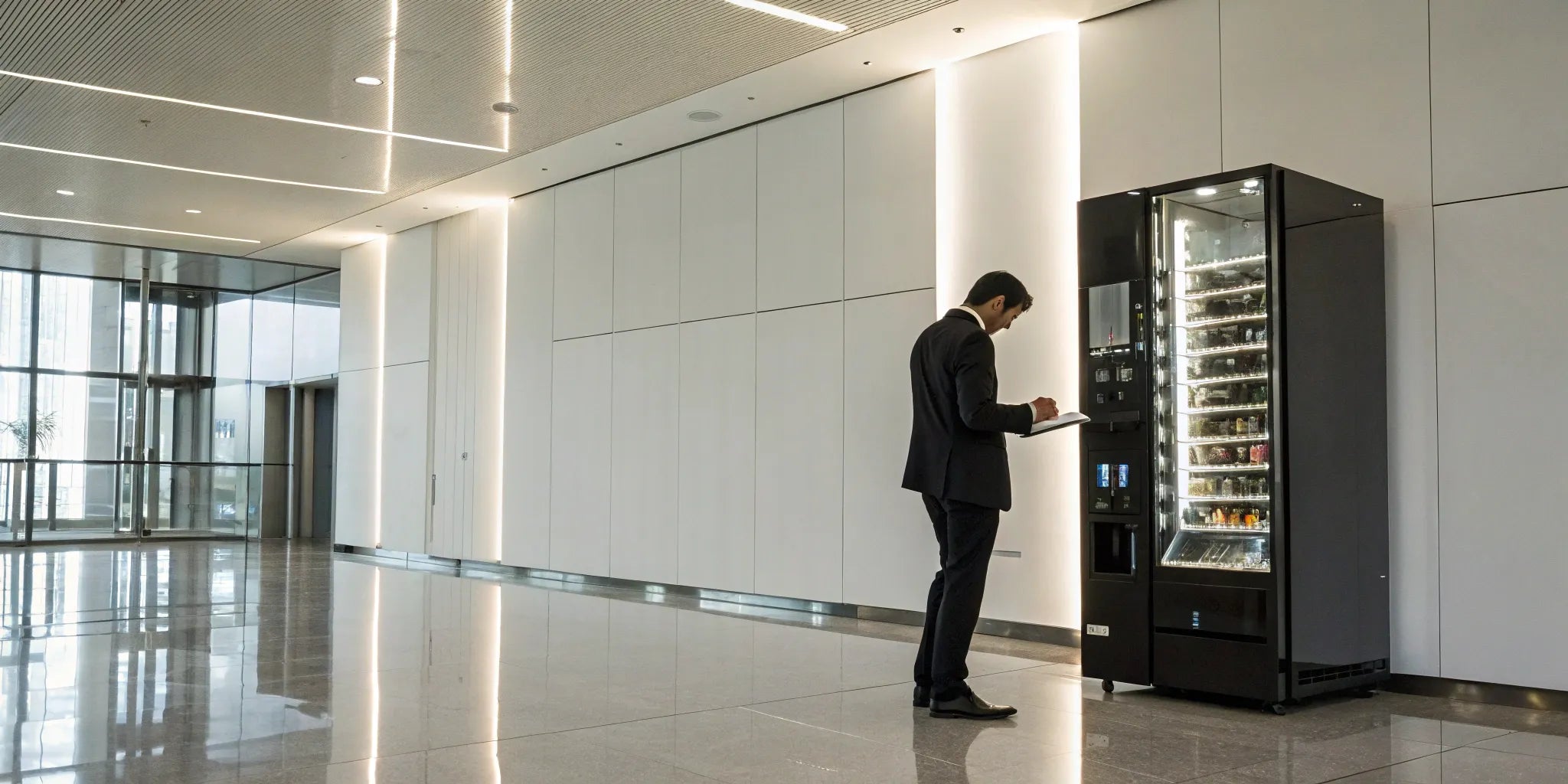 A business owner completing a new vending machine setup in an office.