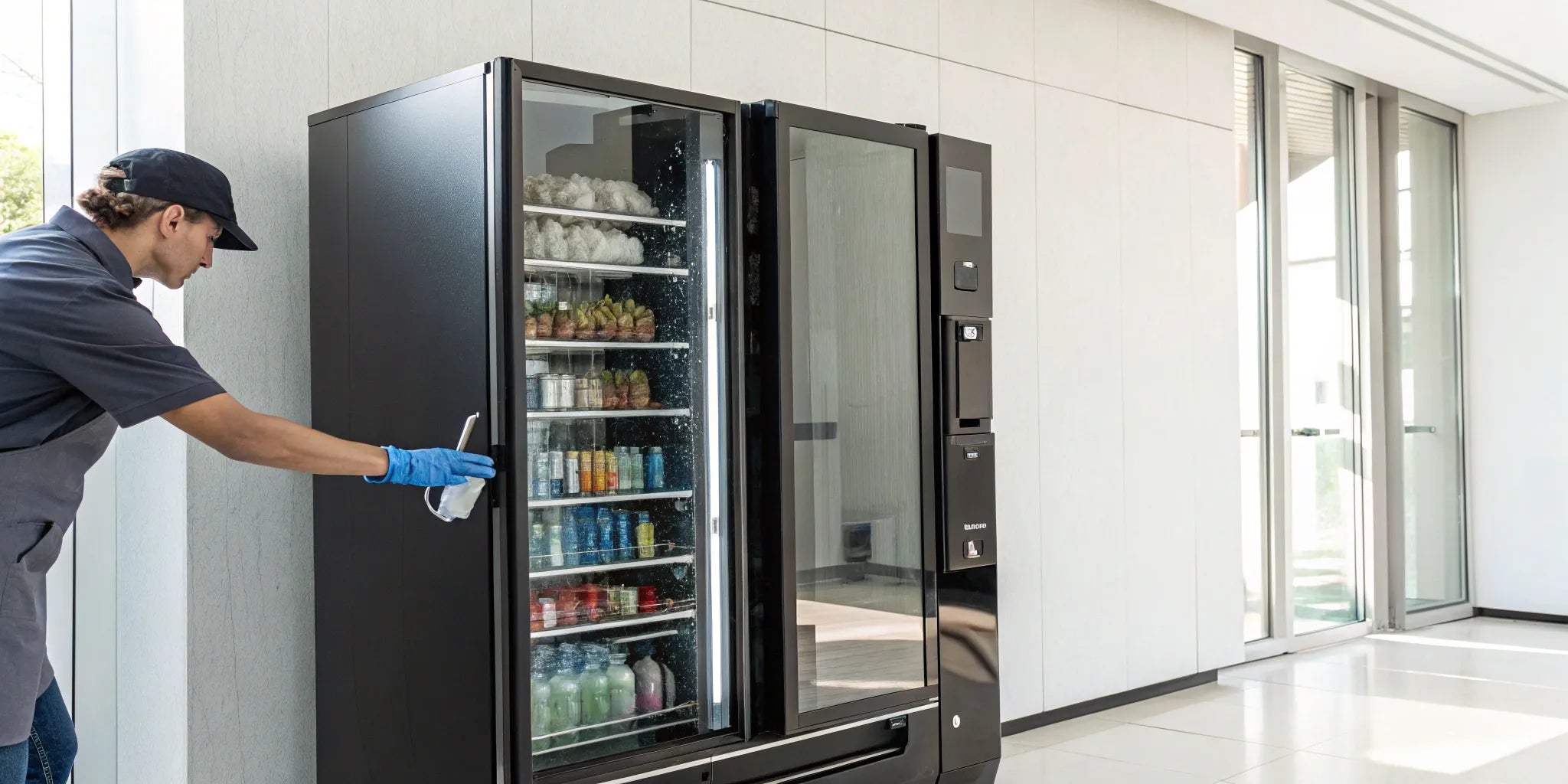 Technician cleaning a vending machine as part of a regular maintenance checklist.