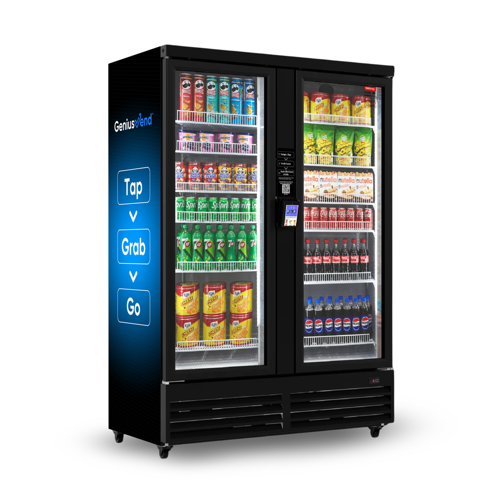 Black dual-door vending machine with blue “Tap Grab Go” side panel and shelves stocked with drinks and snacks.