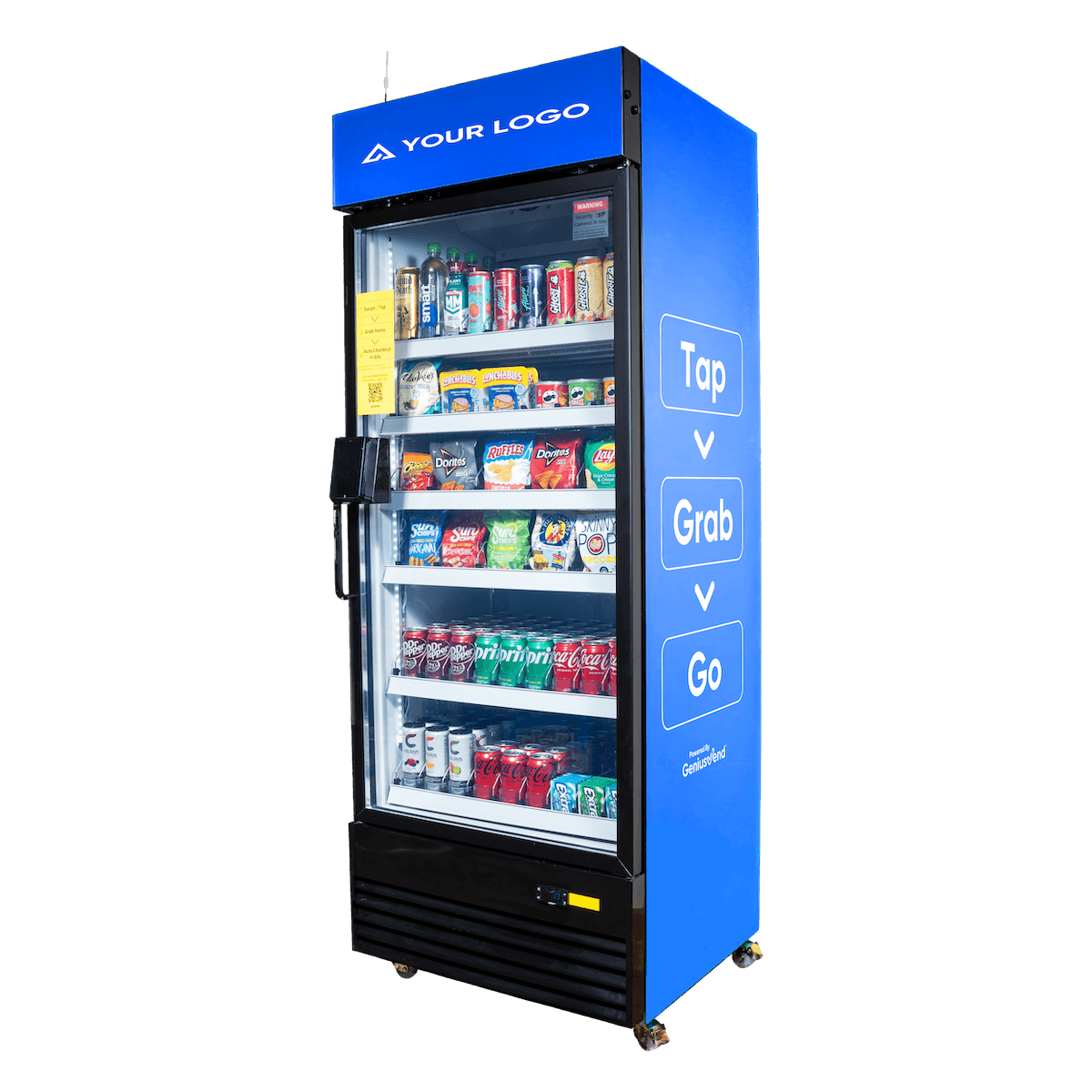 Image showing the Genius Vend AI Smart Cooler with a custom blue wrap from an angle to the right