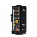 A black Grabot 24/7 Smart Vending Machine with a glass door displaying various canned drinks and packaged snacks on shelves, set against a plain white background.