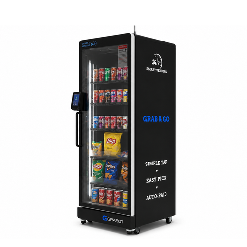 A black Grabot 24/7 Smart Vending Machine with a glass door displaying various canned drinks and packaged snacks on shelves, set against a plain white background.