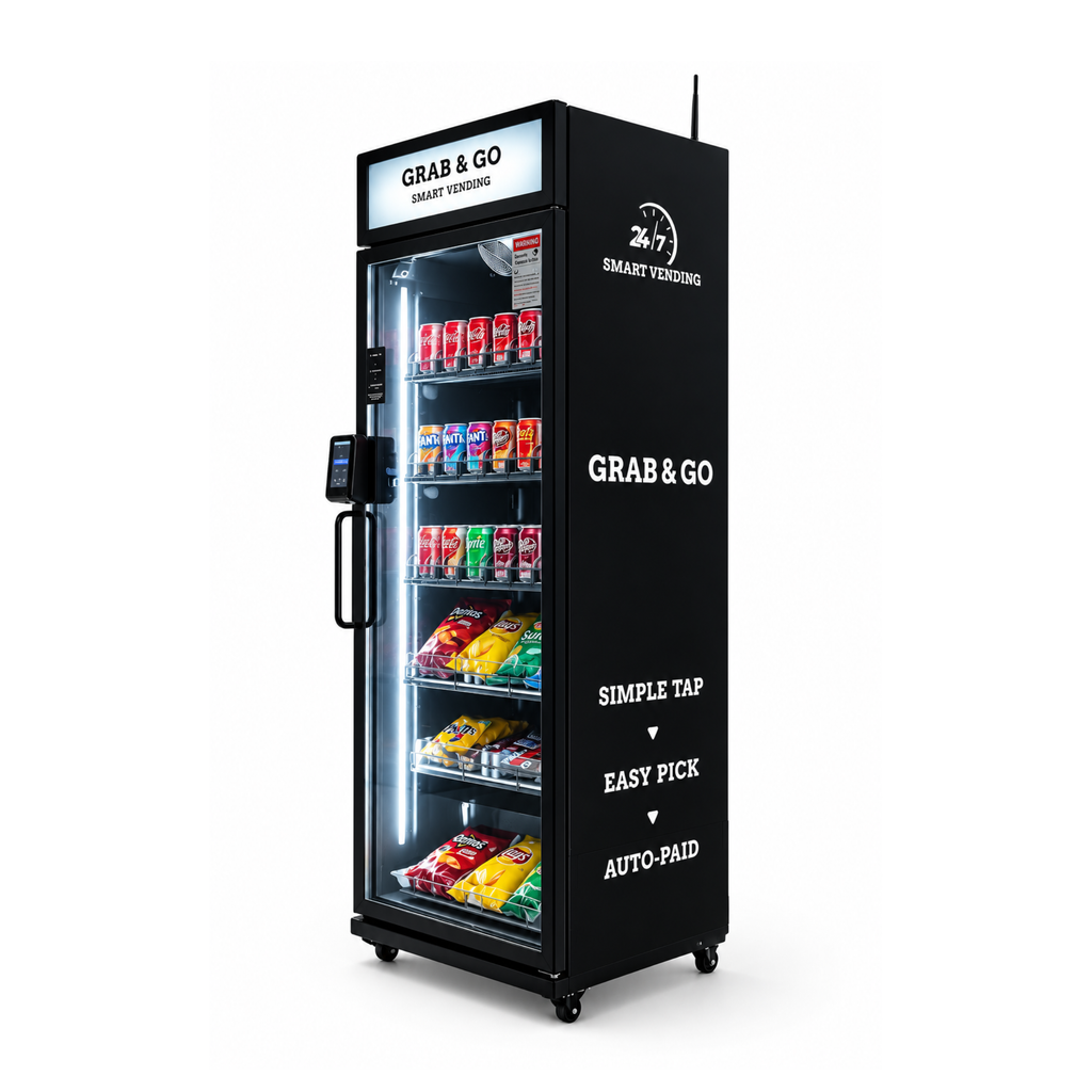 A black smart vending machine with a glass door displaying assorted canned drinks and packaged snacks on shelves. The machine has white text reading 'GRAB & GO' and 'SMART VENDING' on the top panel and side, along with promotional copy about simple tap, easy pick, and auto-paid.