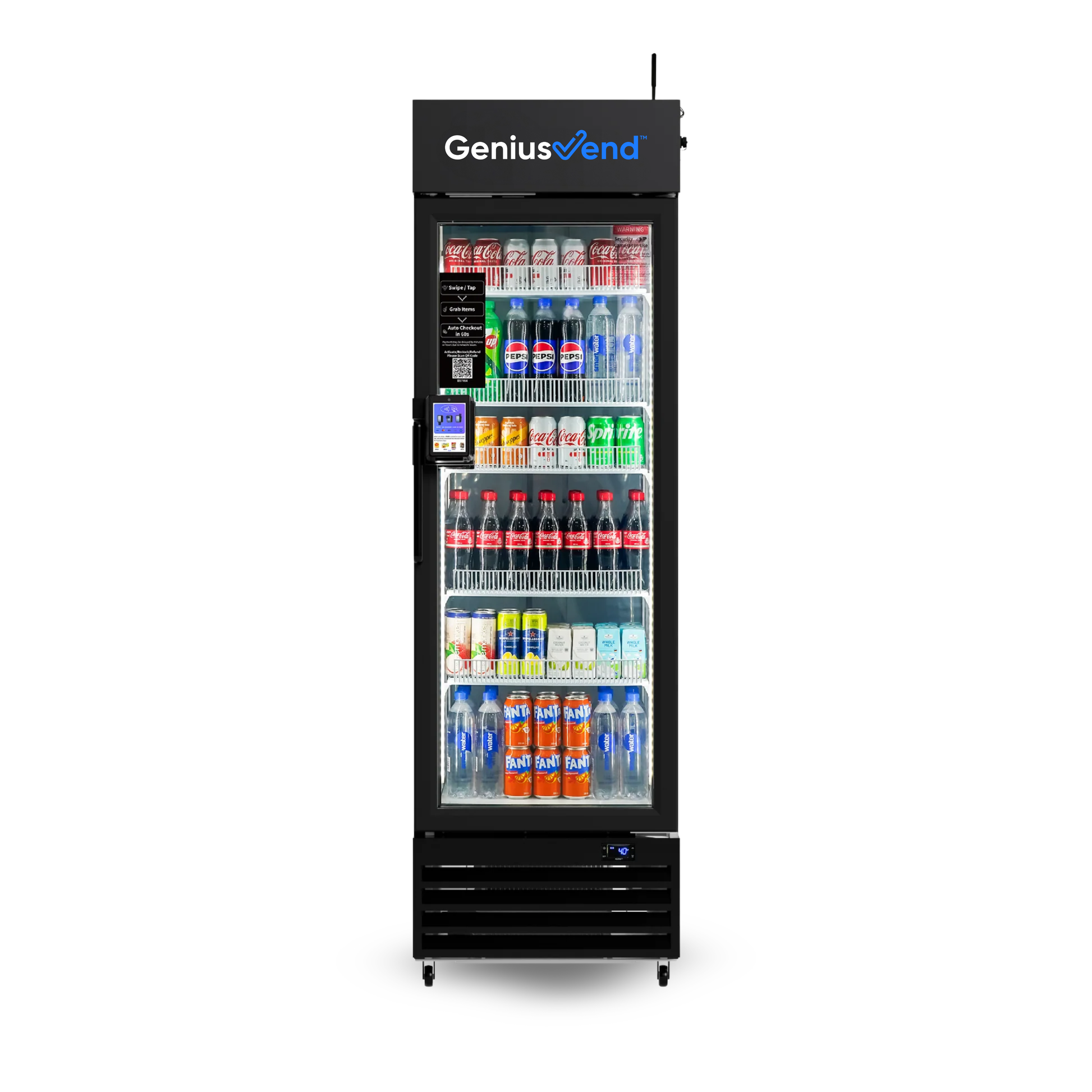 Black GeniusVend beverage cooler with drinks on a white background