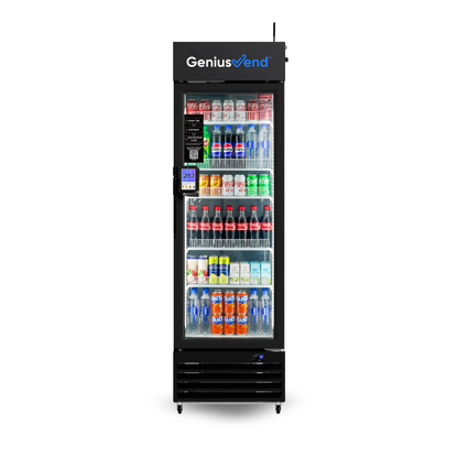 Black GeniusVend beverage cooler with drinks on a white background