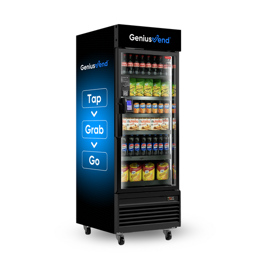 Black vending machine with blue “Tap Grab Go” panel, glass door, assorted snacks and drinks inside.