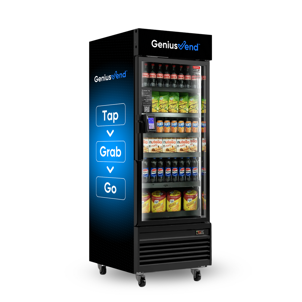 Black vending machine with blue “Tap Grab Go” panel, glass door, assorted snacks and drinks inside.